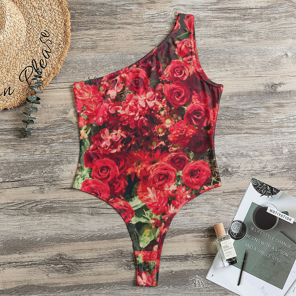Red Rose Flower Print One Shoulder Bodysuit