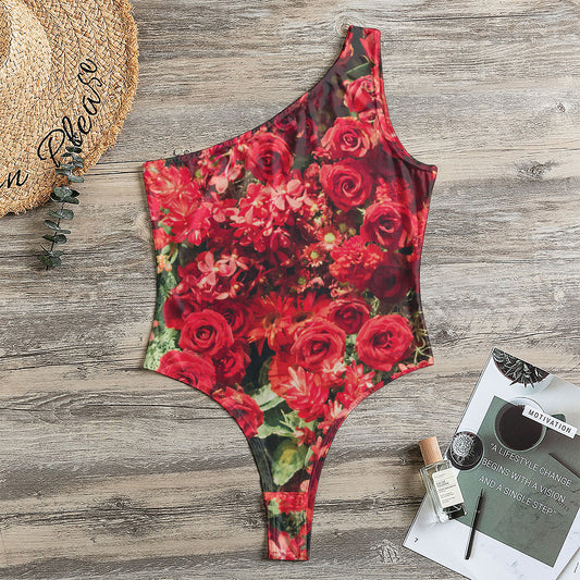 Red Rose Flower Print One Shoulder Bodysuit