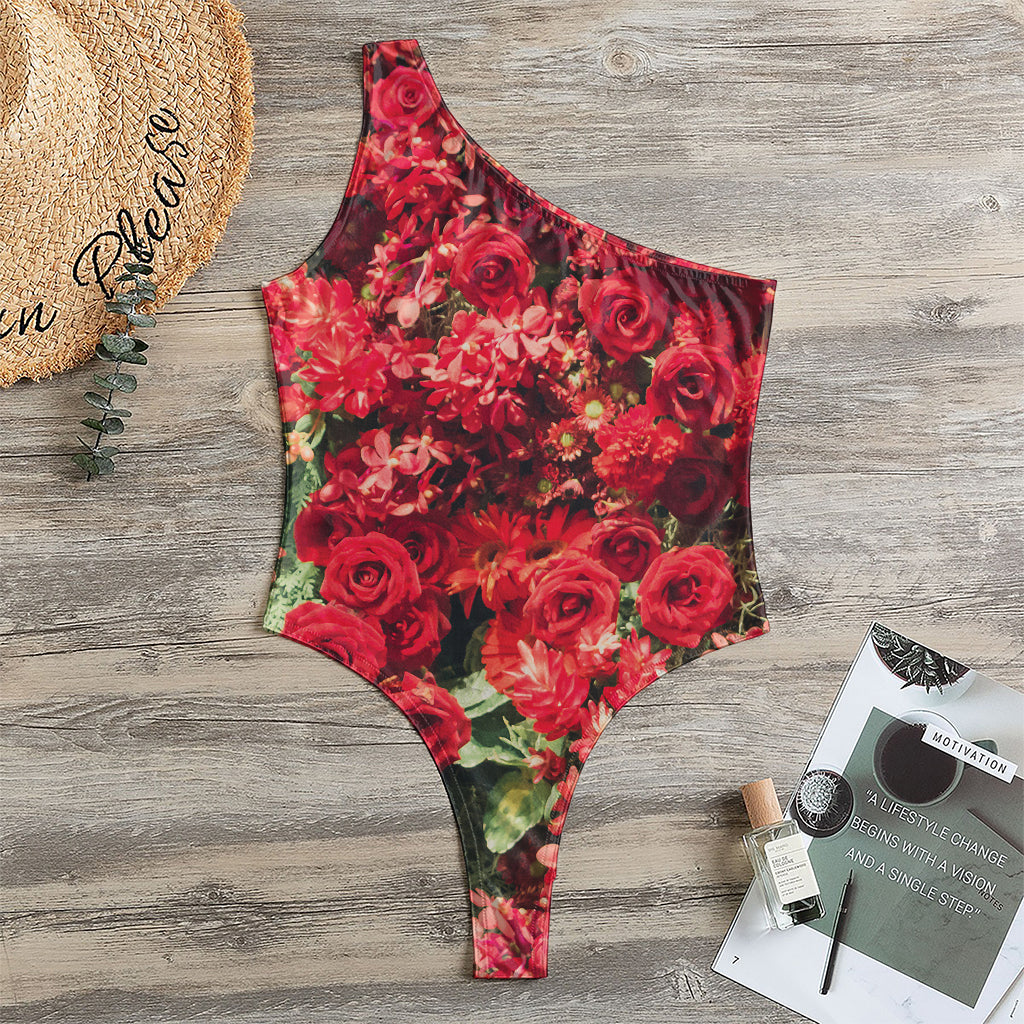 Red Rose Flower Print One Shoulder Bodysuit