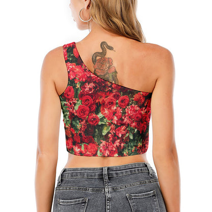 Red Rose Flower Print One Shoulder Crop Top