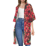 Red Rose Flower Print Open Front Beach Cover Up