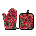 Red Rose Flower Print Oven Mitt And Pot Holder Set