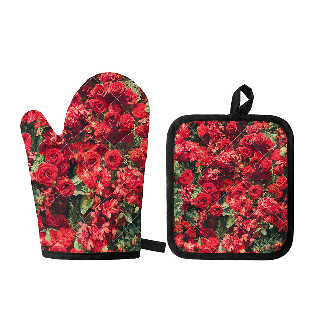 Red Rose Flower Print Oven Mitt And Pot Holder Set