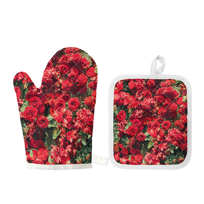 Red Rose Flower Print Oven Mitt And Pot Holder Set