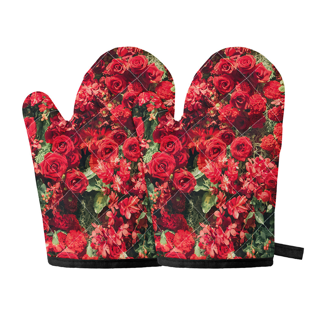 Red Rose Flower Print Oven Mitts