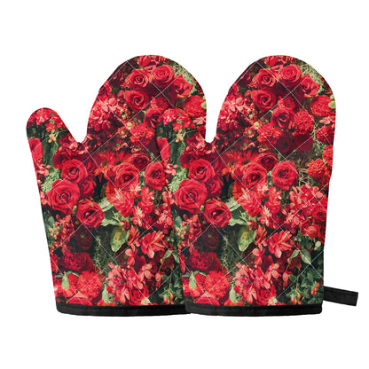 Red Rose Flower Print Oven Mitts