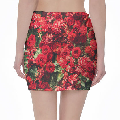 Red Rose Flower Print Pencil Mini Skirt