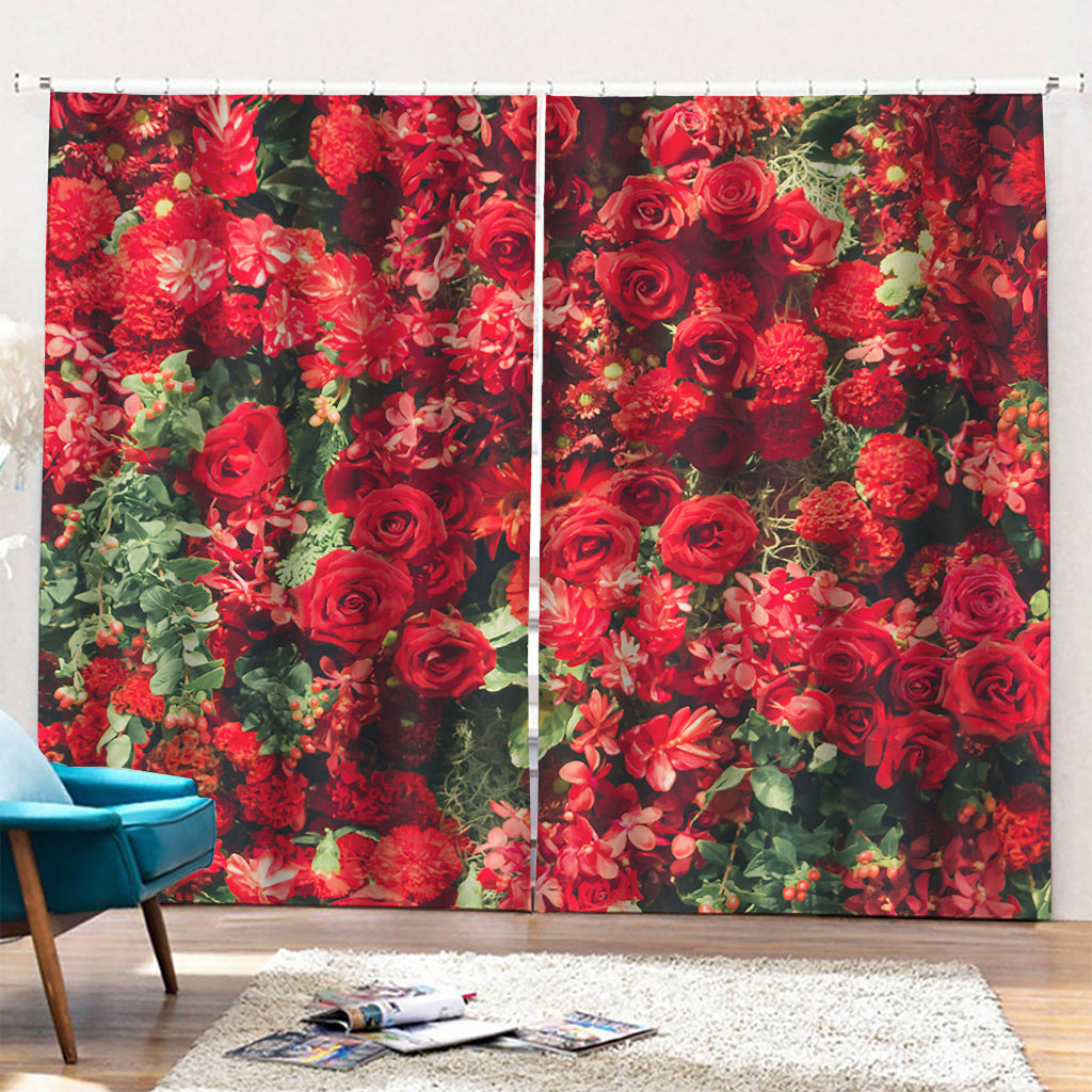 Red Rose Flower Print Pencil Pleat Curtains