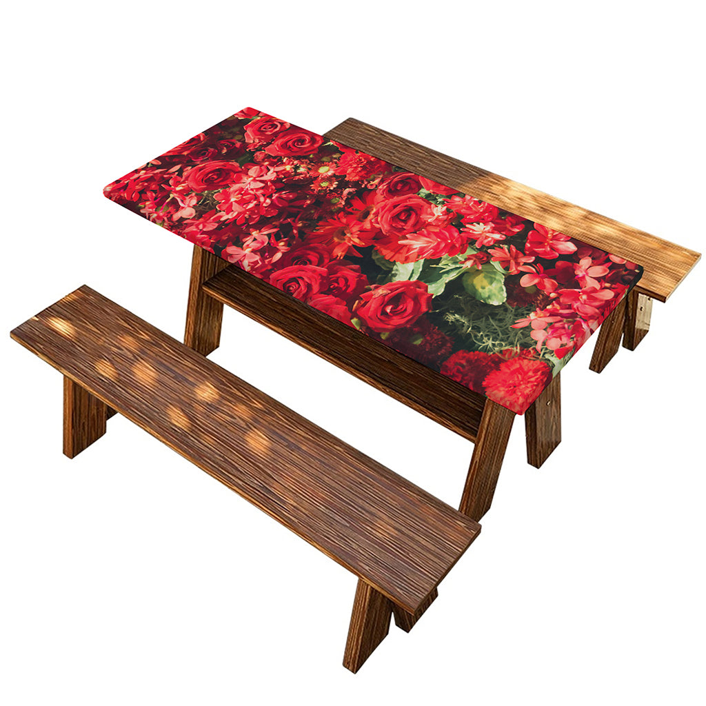 Red Rose Flower Print Picnic Table Cover