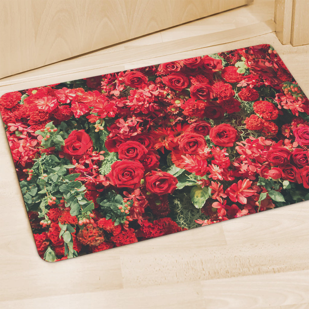 Red Rose Flower Print Polyester Doormat