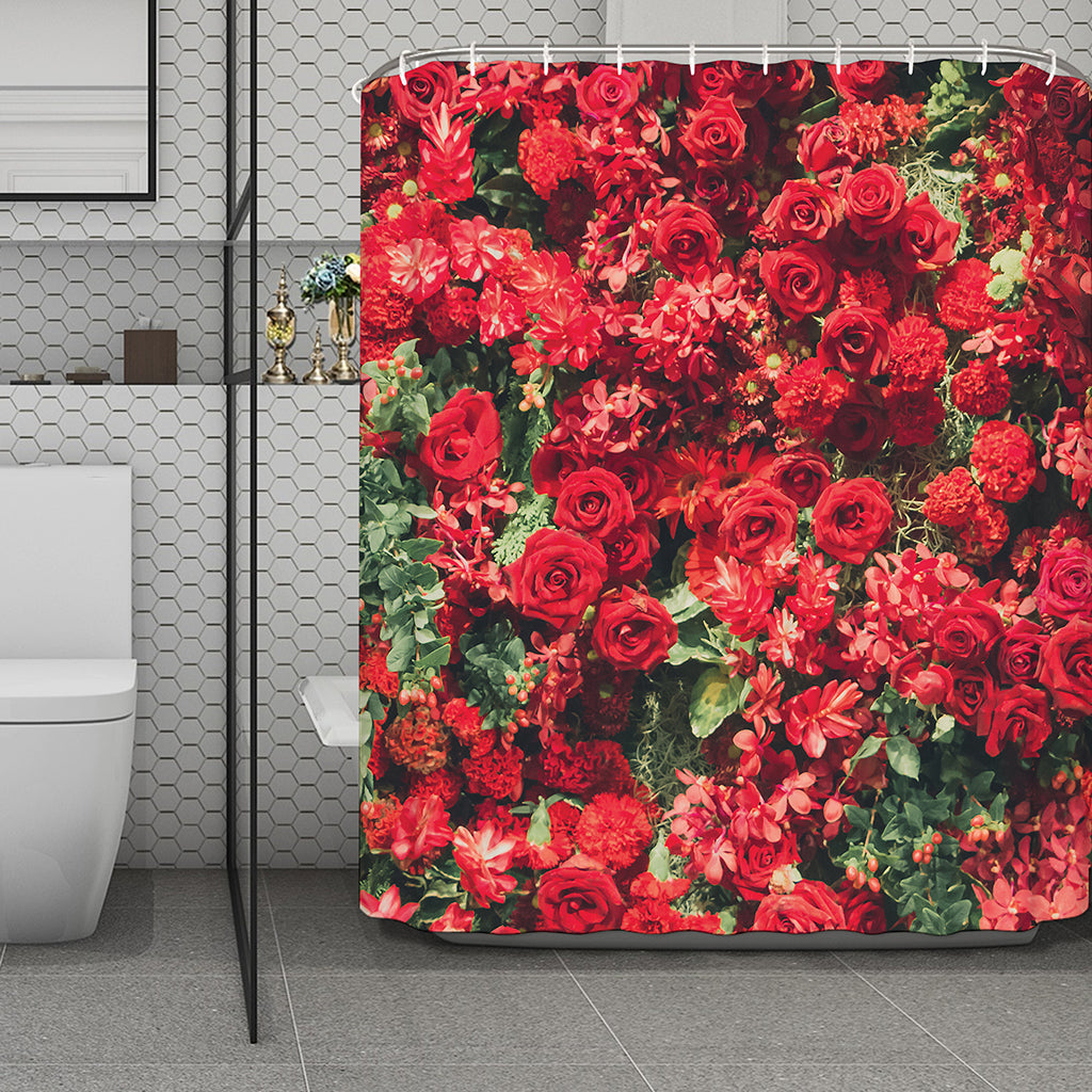 Red Rose Flower Print Polyester Shower Curtain