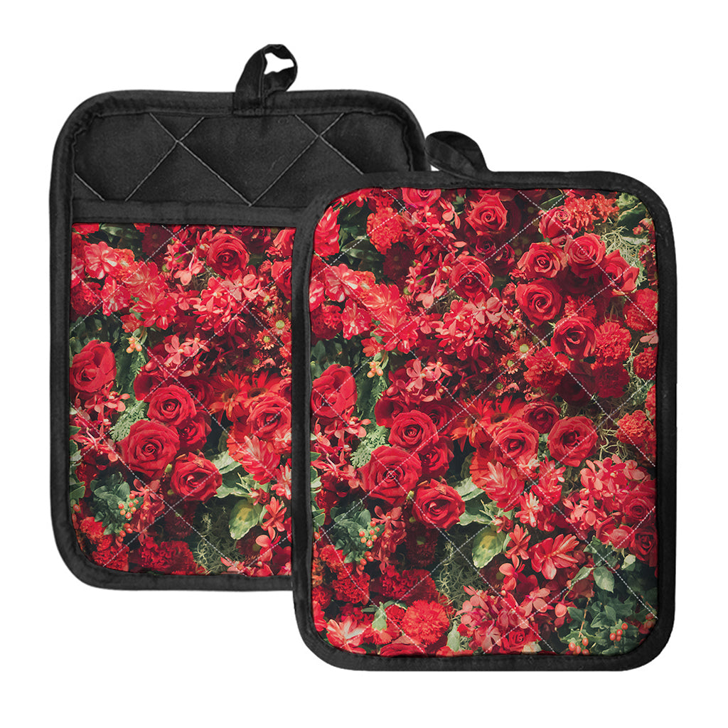 Red Rose Flower Print Pot Holders With Pocket