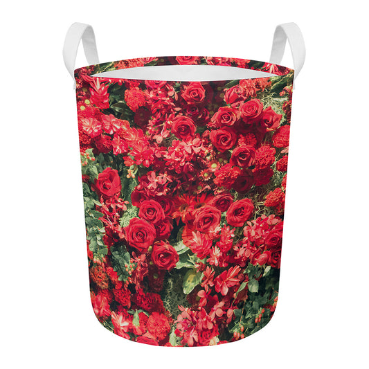 Red Rose Flower Print Round Laundry Basket