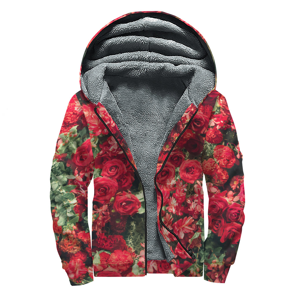 Red Rose Flower Print Sherpa Lined Zip Up Hoodie