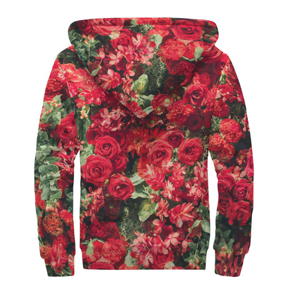 Red Rose Flower Print Sherpa Lined Zip Up Hoodie