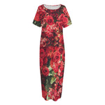 Red Rose Flower Print Short Sleeve Long Nightdress