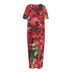 Red Rose Flower Print Short Sleeve Long Nightdress