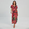 Red Rose Flower Print Short Sleeve Maxi Dress