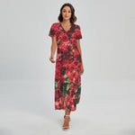 Red Rose Flower Print Short Sleeve Maxi Dress