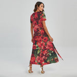 Red Rose Flower Print Short Sleeve Maxi Dress