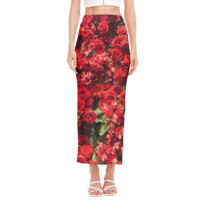 Red Rose Flower Print Side Slit Maxi Skirt
