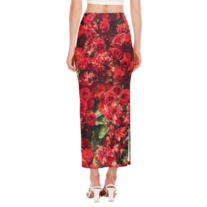 Red Rose Flower Print Side Slit Maxi Skirt