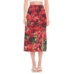Red Rose Flower Print Side Slit Midi Skirt