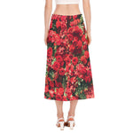 Red Rose Flower Print Side Slit Midi Skirt