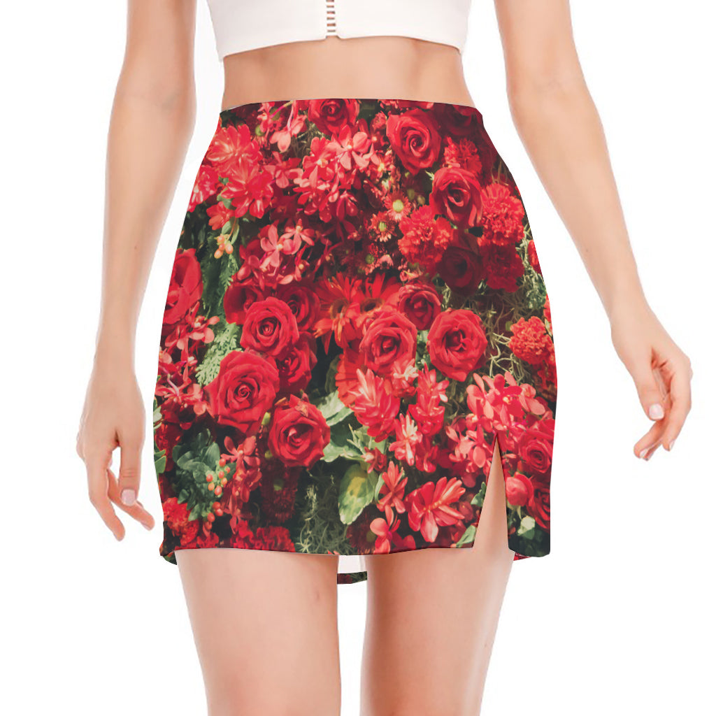 Red Rose Flower Print Side Slit Mini Skirt