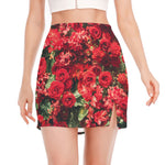 Red Rose Flower Print Side Slit Mini Skirt