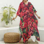 Red Rose Flower Print Silk V-Neck Kaftan Dress