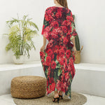 Red Rose Flower Print Silk V-Neck Kaftan Dress