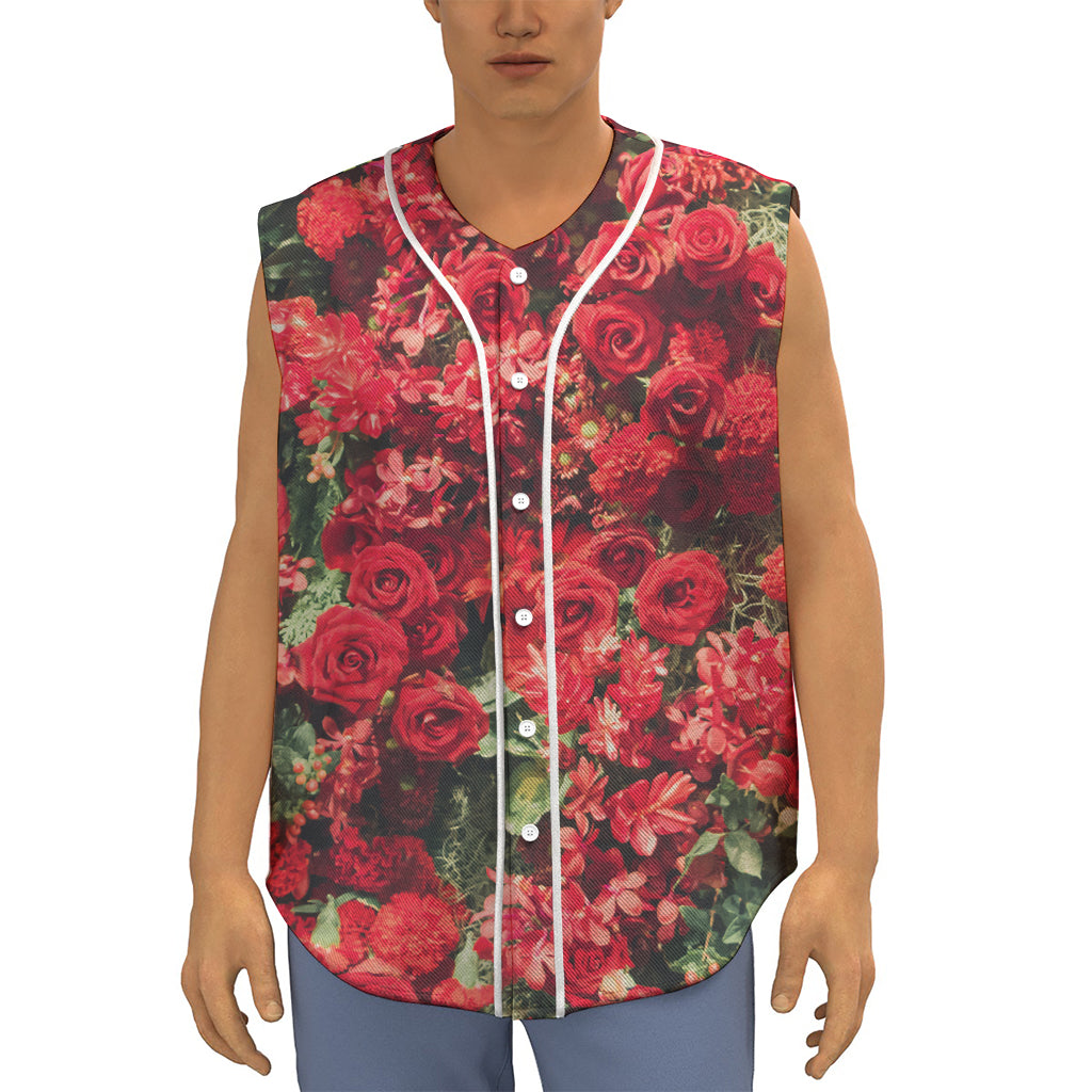 Red Rose Flower Print Sleeveless Baseball Jersey