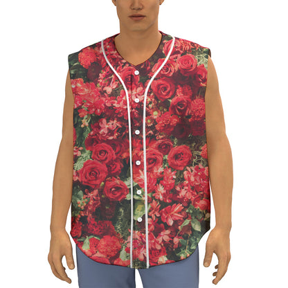Red Rose Flower Print Sleeveless Baseball Jersey