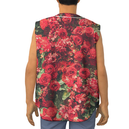 Red Rose Flower Print Sleeveless Baseball Jersey