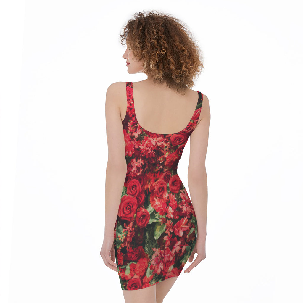 Red Rose Flower Print Sleeveless Bodycon Dress