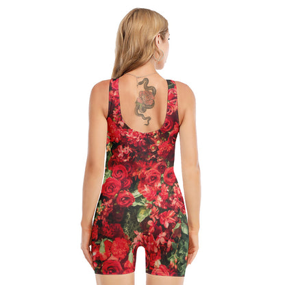 Red Rose Flower Print Sleeveless One Piece Swimsuit