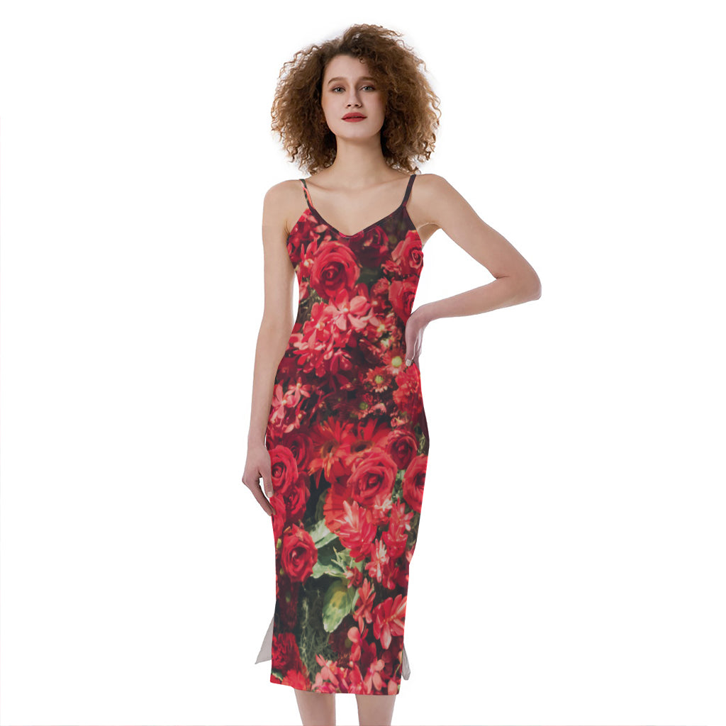 Red Rose Flower Print Slim Fit Midi Cami Dress