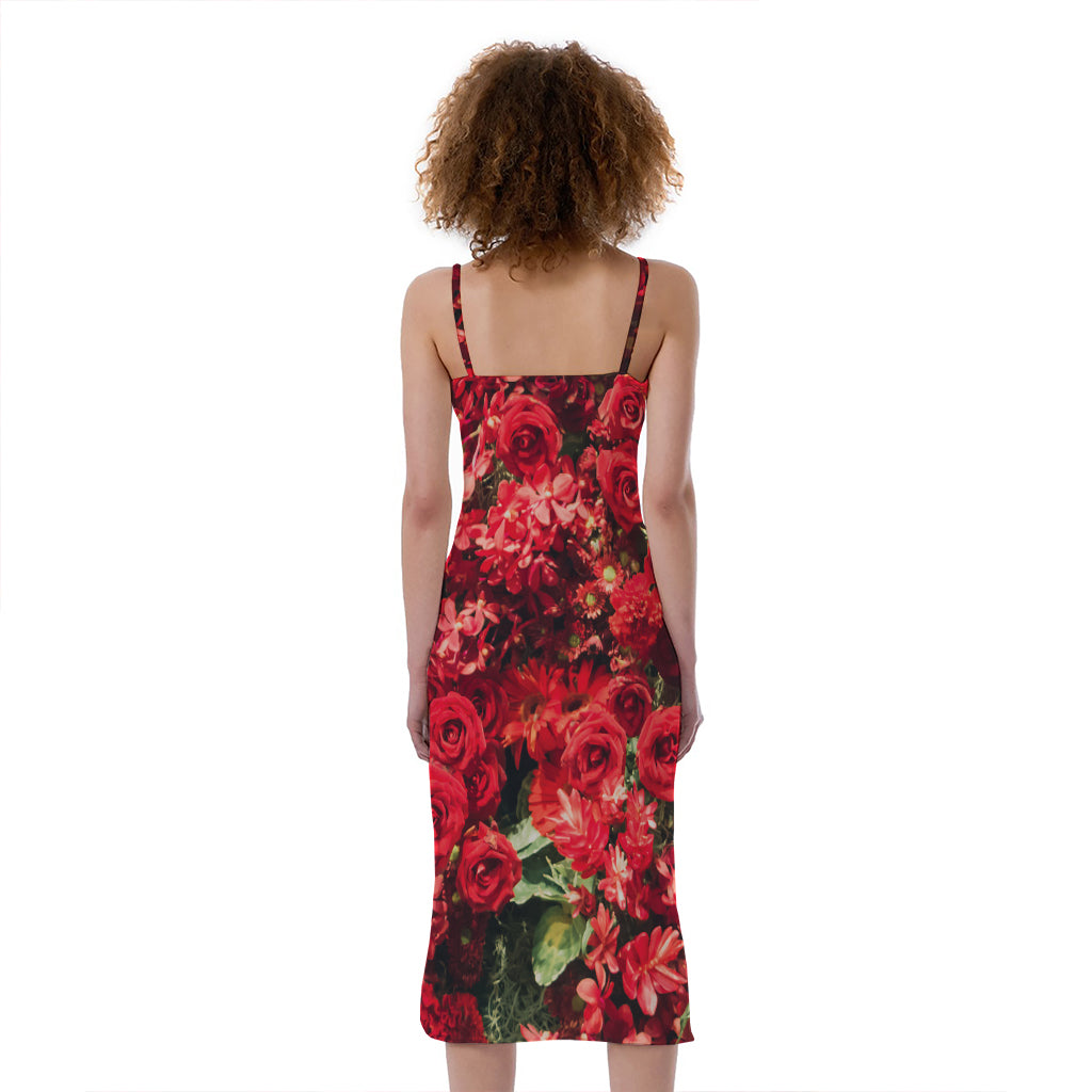 Red Rose Flower Print Slim Fit Midi Cami Dress