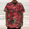 Red Rose Flower Print Textured Short Sleeve Shirt