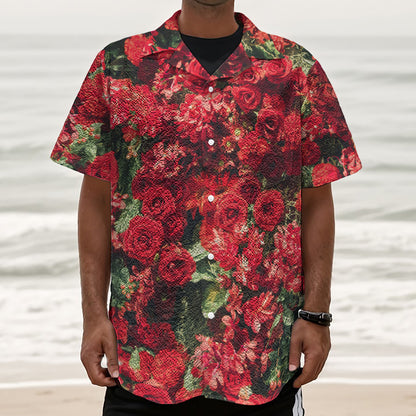 Red Rose Flower Print Textured Short Sleeve Shirt