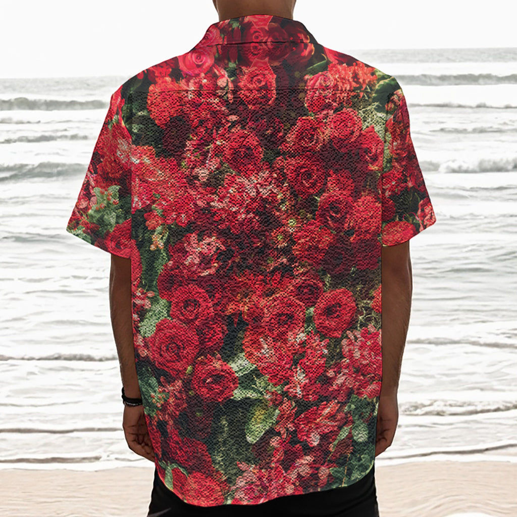Red Rose Flower Print Textured Short Sleeve Shirt