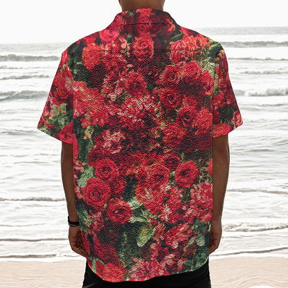 Red Rose Flower Print Textured Short Sleeve Shirt