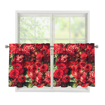 Red Rose Flower Print Tier Curtains