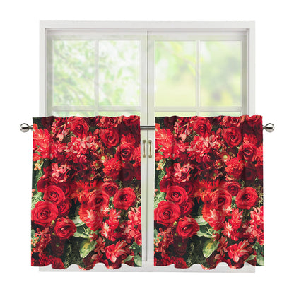Red Rose Flower Print Tier Curtains