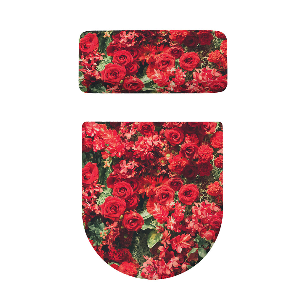 Red Rose Flower Print Toilet Lid And Tank Cover Set