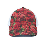 Red Rose Flower Print White Mesh Trucker Cap
