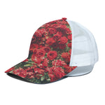 Red Rose Flower Print White Mesh Trucker Cap