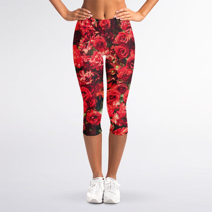 Red Rose Flower Print Women's Capri Leggings