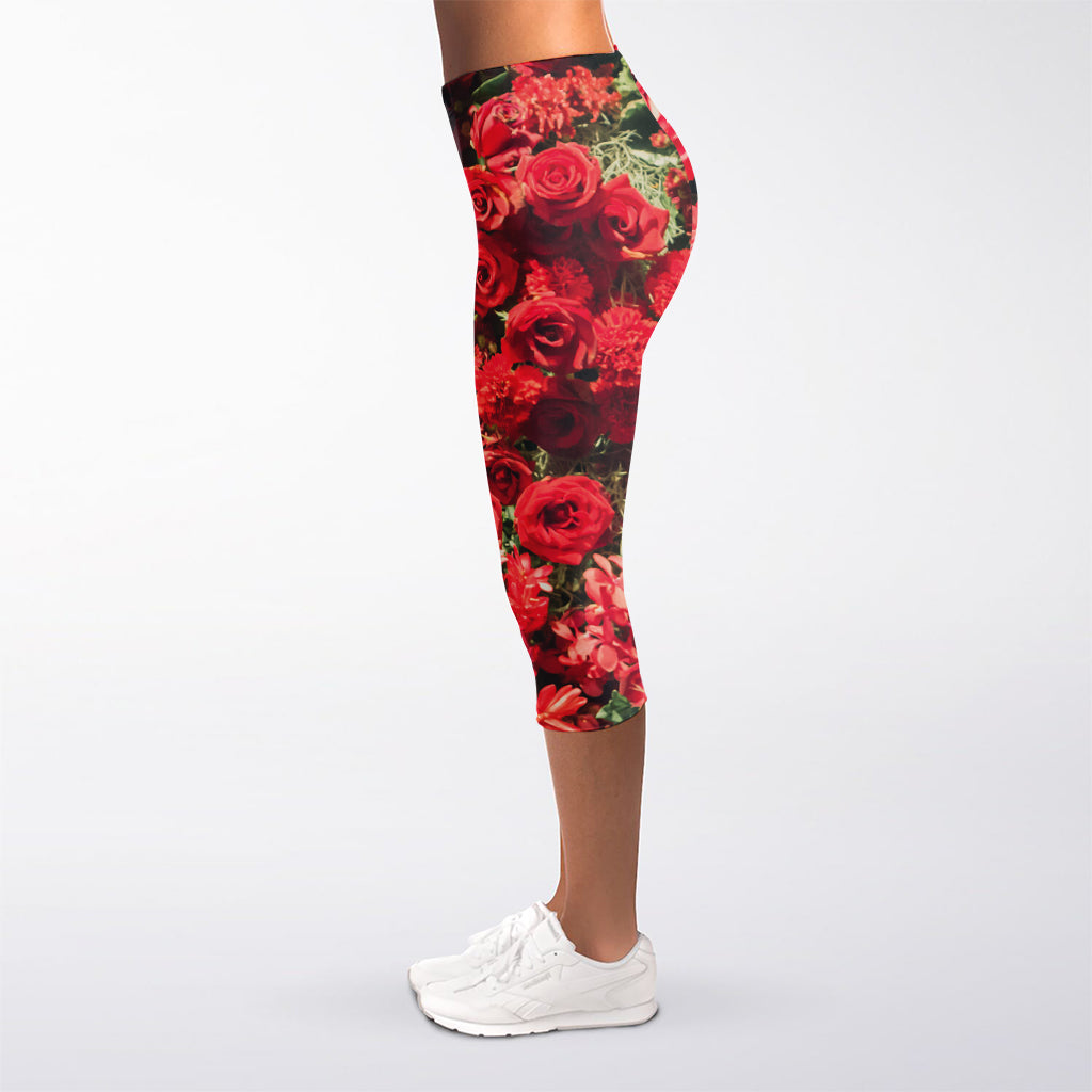 Red Rose Flower Print Women's Capri Leggings